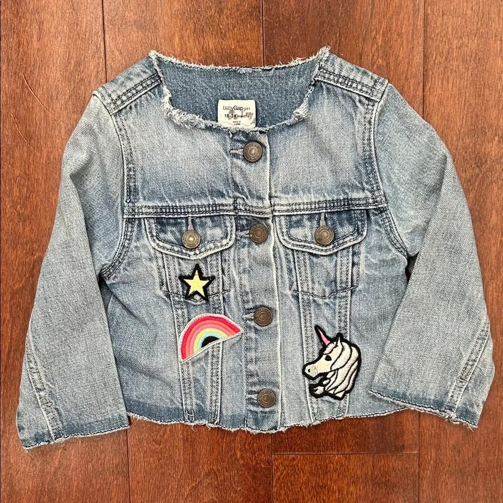 GAP Light Blue Kids Jean Jacket with Fun Patches, Size 18-24 Months